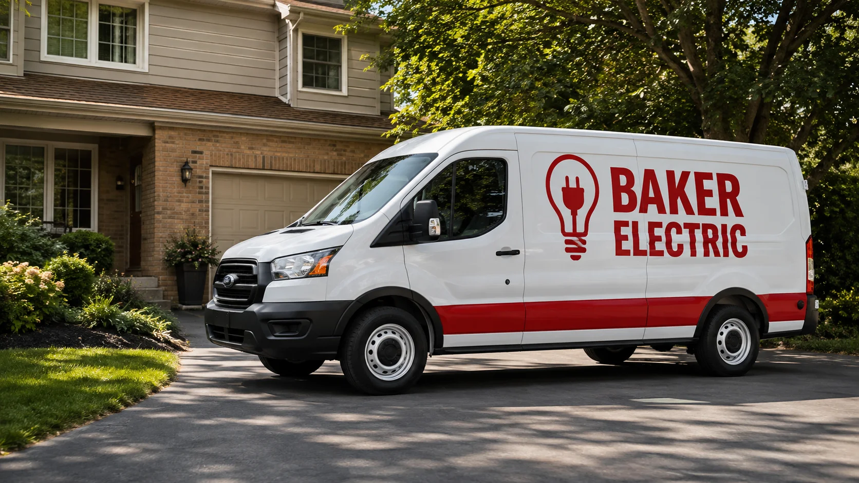 Generated illustration of a Baker Electric-branded van parked in a residential driveway